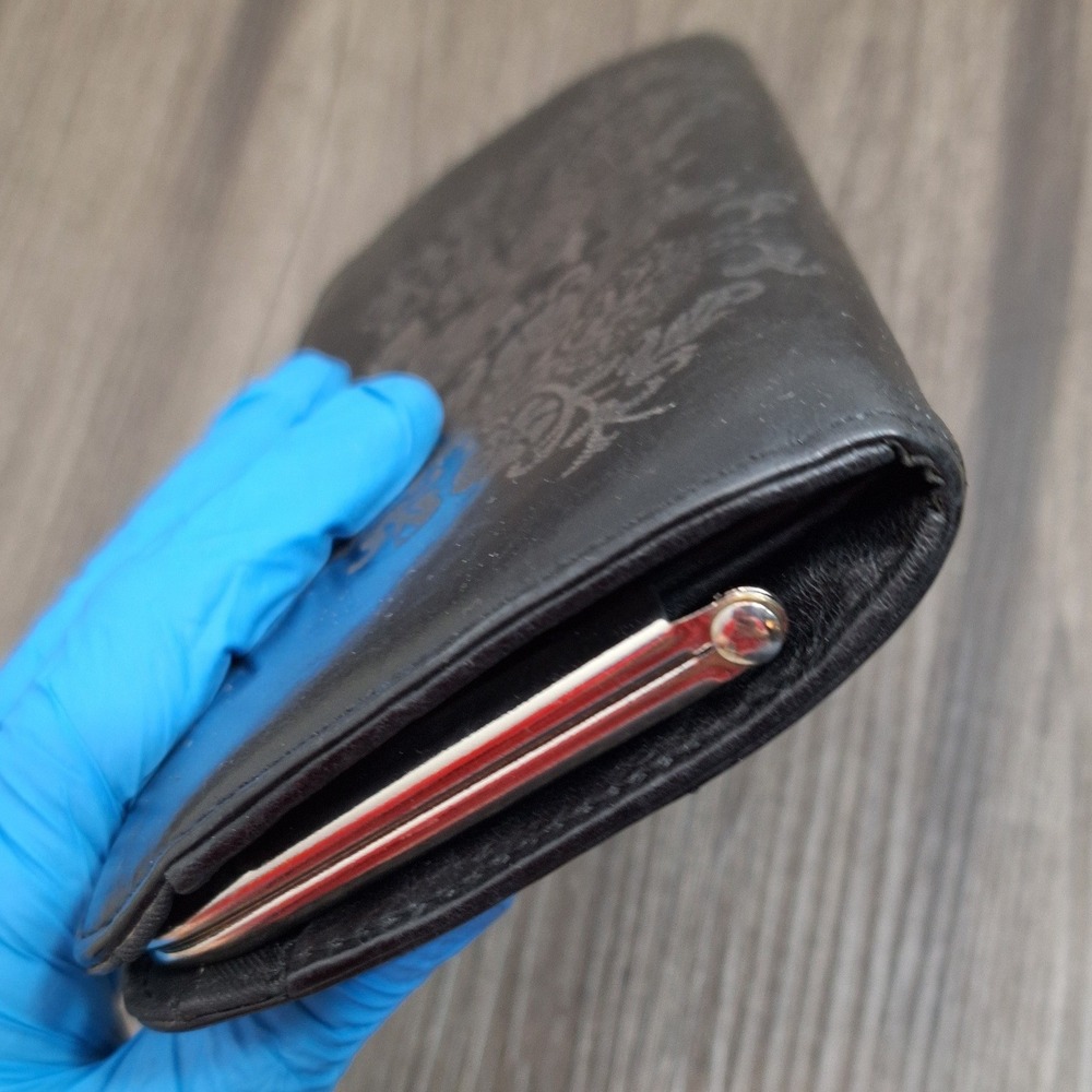 Vintage Genuine Black Leather Damask Floral Kiss Lock Silver Frame Clutch Wallet - Picture 8 of 11